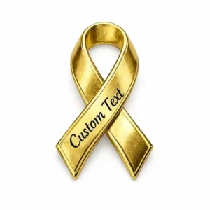 Gold awareness ribbon pin with custom engraved text, polished metal finish for childhood cancer awareness and charity events.