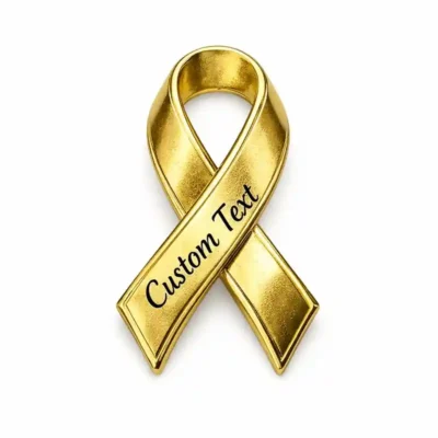 Gold awareness ribbon pin with custom engraved text, polished metal finish for childhood cancer awareness and charity events.