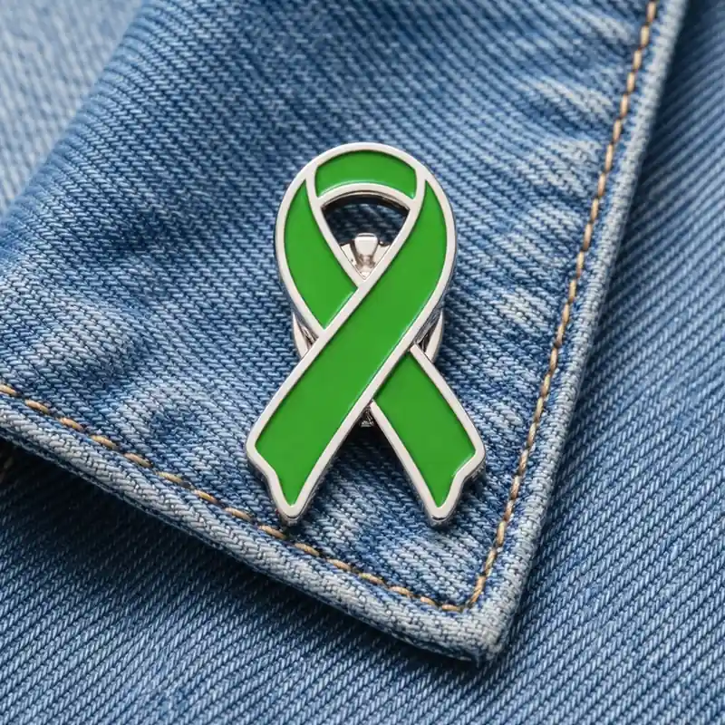 Green awareness ribbon enamel pin with silver outline, worn on a denim jacket to show support for health awareness and social causes.
