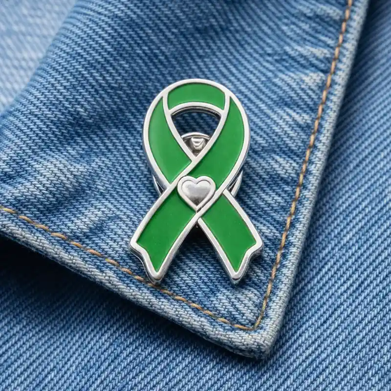 Green awareness ribbon enamel pin with silver heart detail, worn on a blue denim jacket to support health awareness and charity causes.