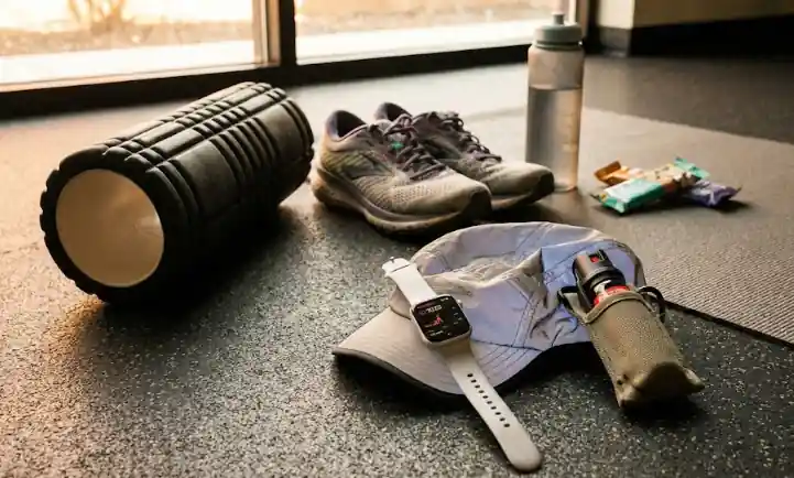 A fitness setup in a gym including a foam roller, running shoes, a water bottle, energy snacks, a baseball cap, a smartwatch, and a tactical flashlight, all placed on the gym floor near a large window with natural light.