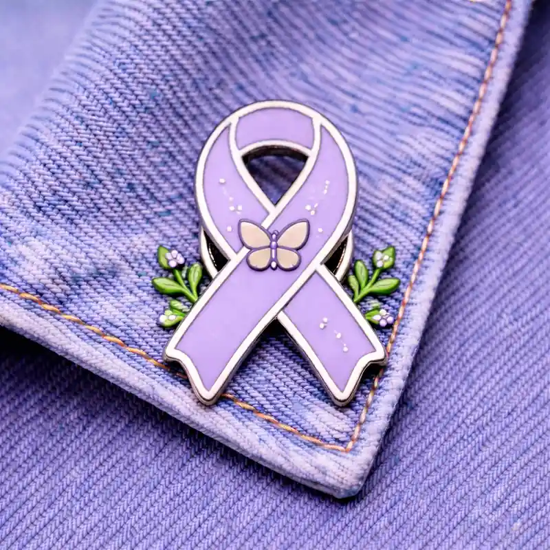 A lavender enamel ribbon pin featuring a butterfly and green floral accents, attached to a denim jacket.