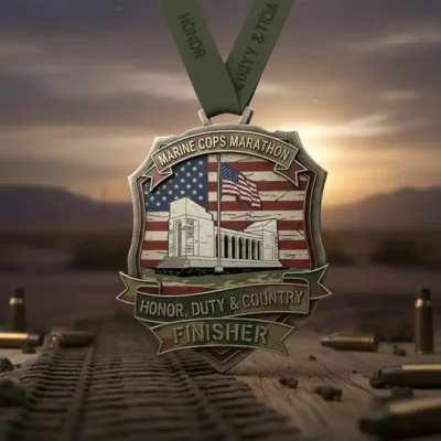 Medal featuring the words "proud to be an American," awarded at the Marine Corps Marathon.