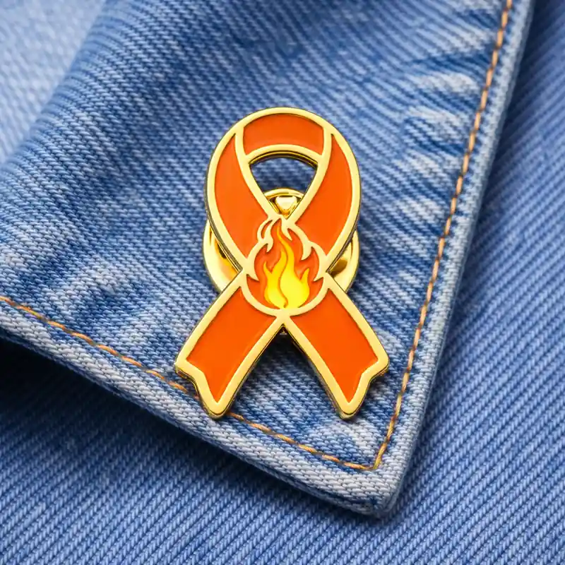 Orange awareness ribbon enamel pin with flame design, displayed on denim fabric, symbolizing support for fire-related causes or awareness campaigns.