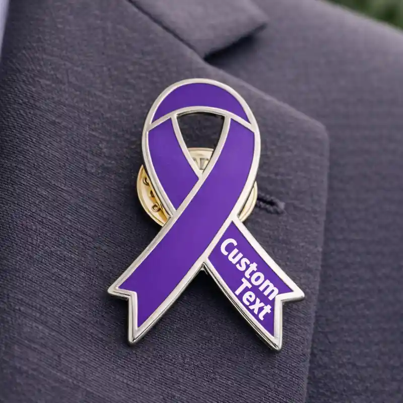 Purple awareness ribbon pin with silver outline and custom text, enamel lapel pin for cancer awareness and social cause support.