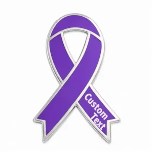 Purple awareness ribbon pin with silver outline and custom text, enamel lapel pin for cancer awareness and social cause support.