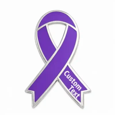 Purple awareness ribbon pin with silver outline and custom text, enamel lapel pin for cancer awareness and social cause support.