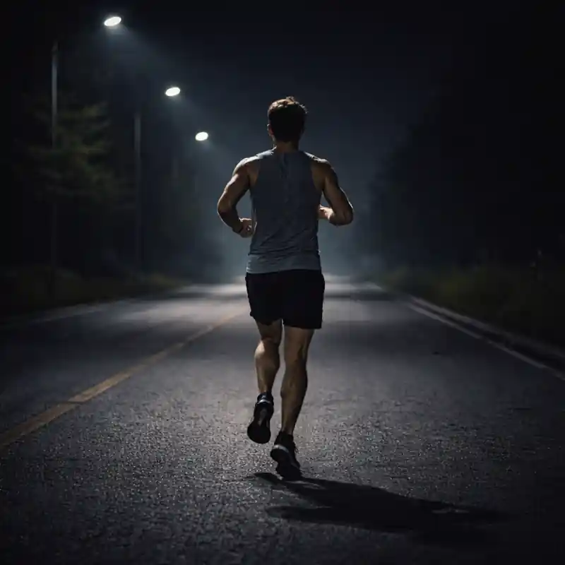 A person running on an empty road at night, illuminated by streetlights. The runner is wearing athletic gear, and the focus is on their back as they run into the darkness.