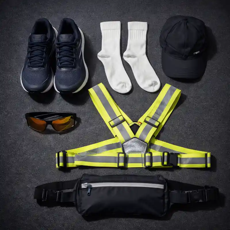 A flat lay image of running essentials including sneakers, white socks, a black cap, reflective harness, sports sunglasses, and a waist pouch, arranged neatly on a dark surface.