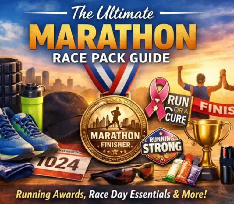 A vibrant and informative graphic showcasing marathon essentials, including running shoes, water bottles, a towel, and race number. The central image features a "MARATHON FINISHER" medal surrounded by items such as a hat, energy gels, a trophy, and a "FINISH" banner. There are also various motivational symbols like "RUN FOR A CURE" and "RUNNING STRONG" to inspire participants. The background depicts marathon runners celebrating their achievement with a city skyline.