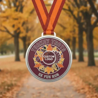 Medal featuring the words "Turkey Thomas" for the Turkey Trots 5K event.