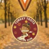 5K medal inscribed with "Turkey Trots Skunk Run," celebrating a fun running event.