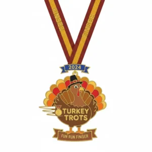 Decorative medal inscribed with "Turkey Trots," celebrating a festive running occasion.