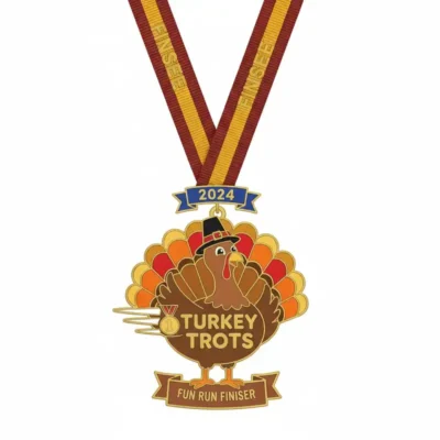 Decorative medal inscribed with "Turkey Trots," celebrating a festive running occasion.