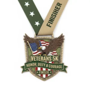 Veterans 5K medal featuring the phrases "Honor, Duty, and Courage" engraved on its surface.