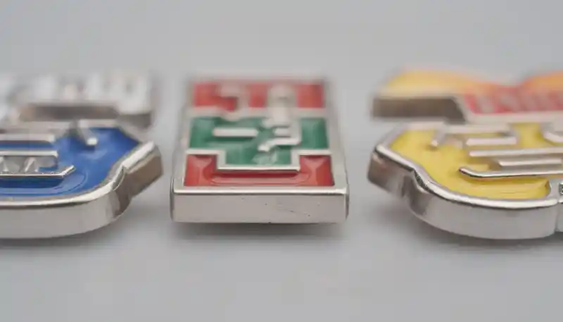 The image shows a close-up comparison of soft enamel pins, highlighting their textured surface and raised metal edges against a flat finish of hard enamel pins. The contrast illustrates the difference in detail and texture between soft and hard enamel, with the soft enamel featuring recessed areas filled with vibrant colors.