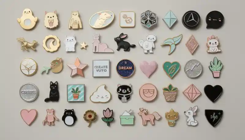 A vibrant collection of colorful soft enamel pins showcases various design styles and metal plating options, featuring raised metal edges and recessed enamel areas that highlight the intricate details of each pin. The smooth surface and polished finish of the soft enamel contrast with the durable qualities of hard enamel pins, offering a variety of choices for personal preference.