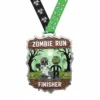 A finisher medal inscribed with "Zombie Run Finisher," showcasing a unique design for participants.