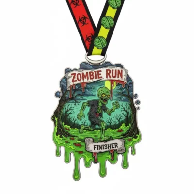 A finisher medal inscribed with "Zombie Run Finisher," showcasing a unique design for participants.