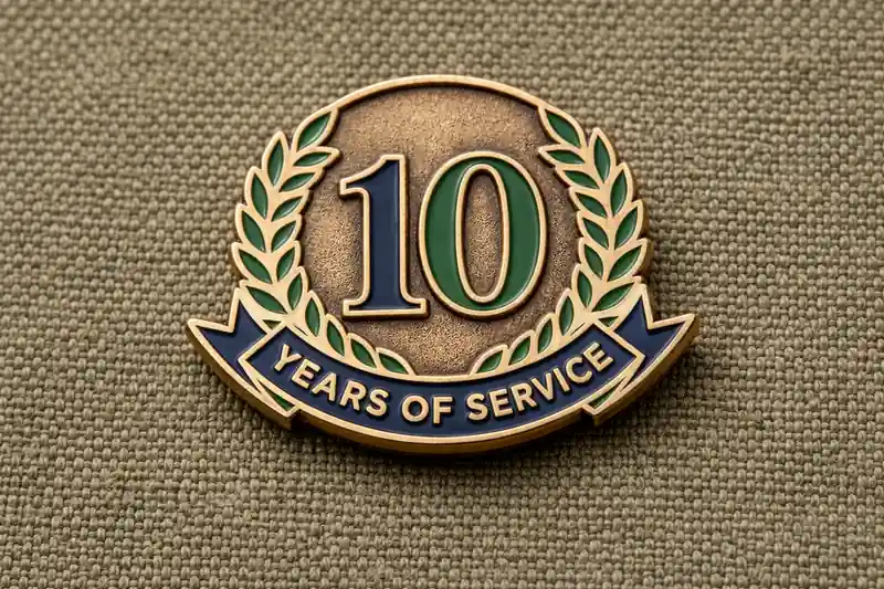 A gold-tone enamel pin featuring the number “10” surrounded by a laurel wreath with a blue banner reading “Years of Service,” displayed on textured fabric.