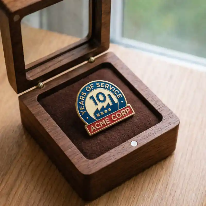 A “10 Years of Service” enamel lapel pin for Acme Corp displayed inside an open wooden presentation box with a cushioned interior.