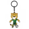 A cartoon leopard mascot wearing a green soccer jersey with the number 9, kicking a soccer ball, attached to a keychain.