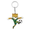 A cartoon leopard mascot wearing a green soccer jersey with the number 9, kicking a soccer ball, attached to a keychain.