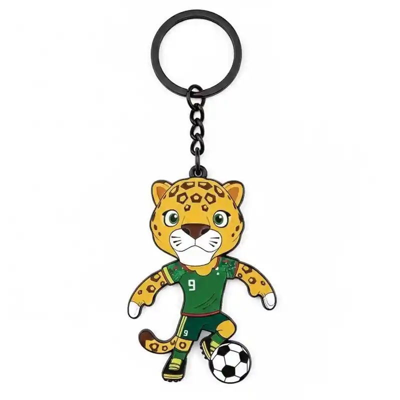 A cartoon leopard mascot wearing a green soccer jersey with the number 9, kicking a soccer ball, attached to a keychain.