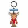 A cartoon moose mascot wearing a red soccer jersey with the number 1, attached to a keychain with a banner that reads "2026 SOCCER."