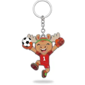 A cartoon moose mascot wearing a red soccer jersey with the number 1, celebrating with raised arms while holding a soccer ball, attached to a keychain.