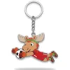 A cartoon moose mascot wearing a red soccer jersey with the number 1, diving and saving a soccer ball with its hands, attached to a keychain.