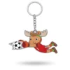 A cartoon moose mascot wearing a red soccer jersey with the number 1, diving to save a soccer ball with its hands, attached to a keychain.