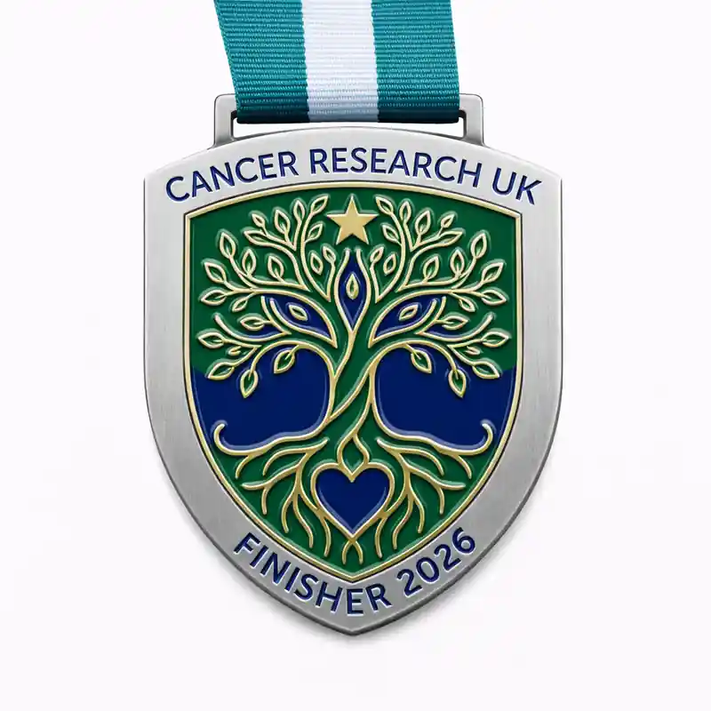 A silver and green medal for Cancer Research UK, featuring a tree design with roots and branches forming a heart shape. The tree is framed with blue and green elements, and the top has the inscription "CANCER RESEARCH UK" and "FINISHER 2026" at the bottom. The ribbon is teal and white.