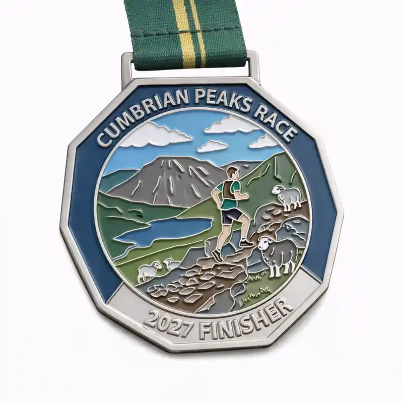 A silver medal for the Cumbrian Peaks Race 2027 featuring a runner climbing a rocky trail with a mountainous landscape in the background. The scene includes a lake, grassy terrain, and sheep. The medal is inscribed with "CUMBRIAN PEAKS RACE" and "2027 FINISHER," with a green and yellow ribbon.
