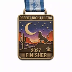 A bronze Desert Night Ultra finisher medal featuring a desert landscape under a starry sky with a crescent moon. A lone wolf howls towards the sky, and tall cacti and rocky formations surround the scene. The medal reads "DESERT NIGHT ULTRA" at the top and "2027 FINISHER" at the bottom.
