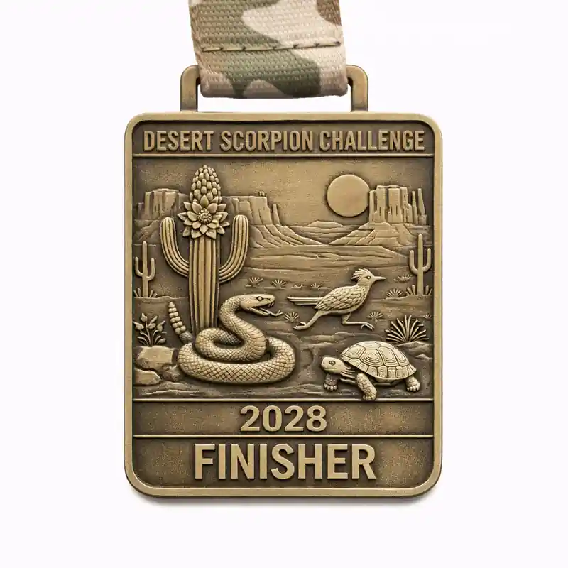 A bronze Desert Scorpion Challenge finisher medal featuring a desert scene with a cactus, a snake, a roadrunner, and a tortoise. The background shows desert cliffs under a full moon. The medal reads "DESERT SCORPION CHALLENGE" at the top and "2028 FINISHER" at the bottom.