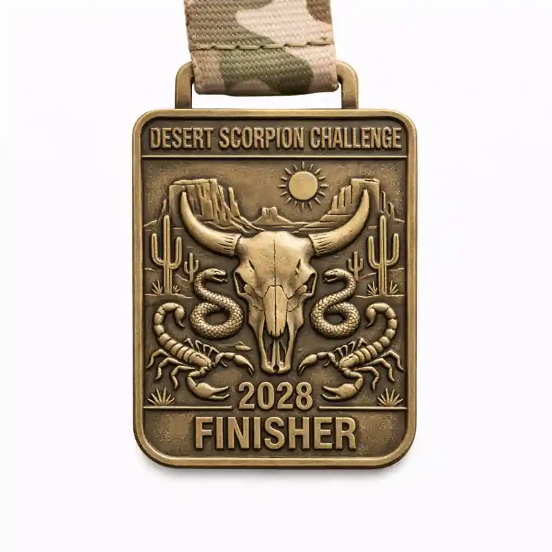 A bronze Desert Scorpion Challenge finisher medal featuring a desert scene with a cow skull, cacti, and rocky formations under a sun. Scorpions and snakes are positioned around the skull. The medal reads "DESERT SCORPION CHALLENGE" at the top and "2028 FINISHER" at the bottom.