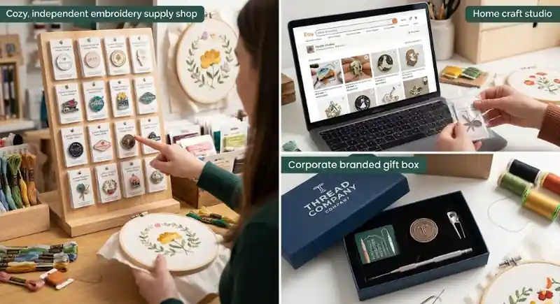 Una imagen de tres paneles que muestra productos de bordado en diferentes casos de uso: una acogedora tienda independiente de suministros de bordado con parches expuestos, un estudio de manualidades en casa con una tienda en línea abierta en un ordenador portátil y una caja de regalo de marca corporativa con herramientas de bordado y artículos personalizados.
