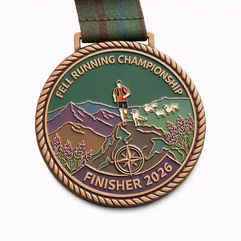 A bronze finisher medal for the Fell Running Championship 2026 featuring a runner with a dog and sheep on a mountain trail, with a compass at the bottom. The landscape includes purple and green mountain ranges, and the top of the medal reads "FELL RUNNING CHAMPIONSHIP," while the bottom states "FINISHER 2026."