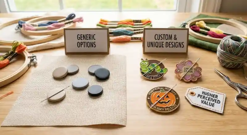 Un espacio de trabajo artesanal que muestra una comparación entre opciones genéricas y diseños únicos personalizados, con botones lisos cubiertos de tela a la izquierda y coloridos parches bordados a la derecha, con aros de bordado, hilo, tijeras y herramientas de costura dispuestos sobre una mesa de madera.