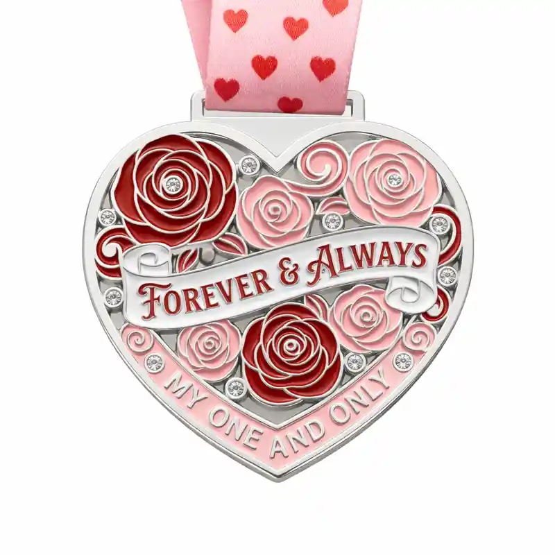 A silver heart-shaped medal featuring red and pink roses with the inscription "FOREVER & ALWAYS" and "MY ONE AND ONLY," along with a pink ribbon adorned with heart patterns.