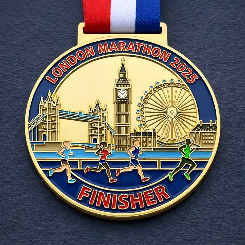 A gold medal featuring a design with runners in motion, Tower Bridge, Big Ben, and the London Eye, with the inscription "LONDON MARATHON 2025" and "FINISHER" at the bottom, along with a red, white, and blue ribbon attached.