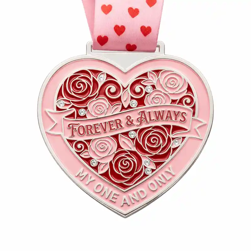 A silver heart-shaped medal featuring red and pink roses with the inscription "FOREVER & ALWAYS" and "MY ONE AND ONLY," along with a pink ribbon adorned with heart patterns.