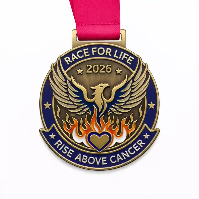 A bronze medal featuring a phoenix rising above flames, symbolizing strength and resilience in the fight against cancer. The medal includes the words "RACE FOR LIFE 2026" at the top and "RISE ABOVE CANCER" at the bottom, with a heart-shaped symbol in the center.