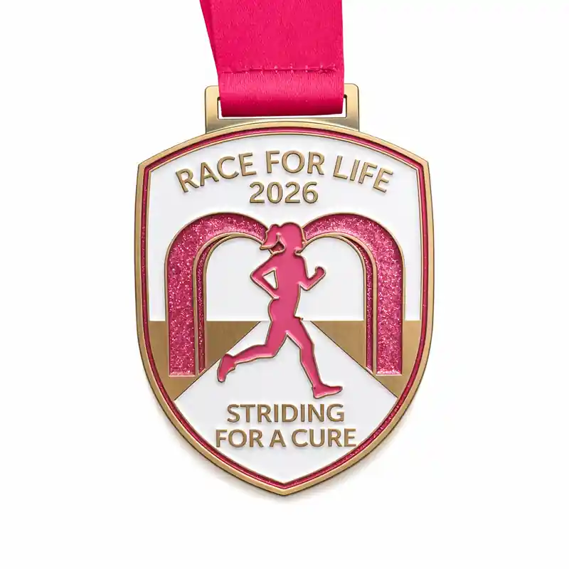 A shield-shaped medal with a pink runner silhouette in front of glittery pink arches. The words "RACE FOR LIFE 2026" appear at the top, and "STRIDING FOR A CURE" is written at the bottom. The medal is attached to a pink ribbon.