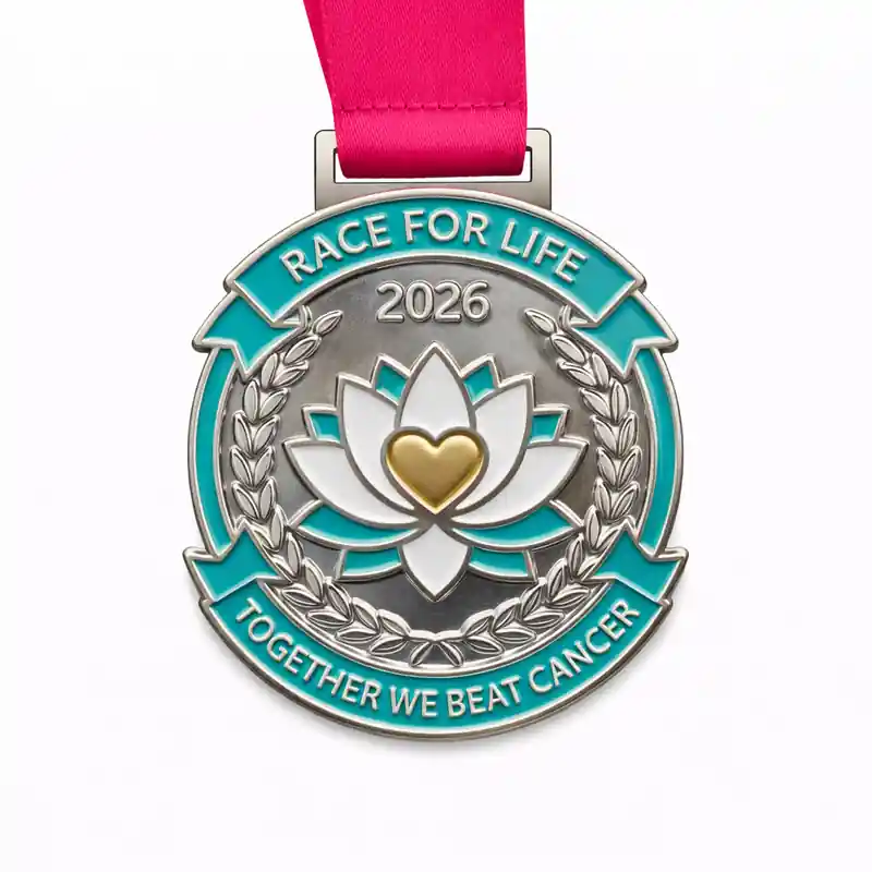 A silver medal featuring a lotus flower with a heart at the center, surrounded by a laurel wreath. The medal reads "RACE FOR LIFE 2026" at the top and "TOGETHER WE BEAT CANCER" at the bottom, symbolizing strength and unity in the fight against cancer.