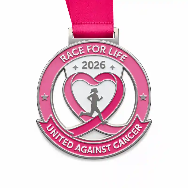 A silver medal with a pink heart and ribbon design, symbolizing unity against cancer. The medal includes the words "RACE FOR LIFE 2026" at the top and "UNITED AGAINST CANCER" at the bottom, with a silhouette of a runner in the center.