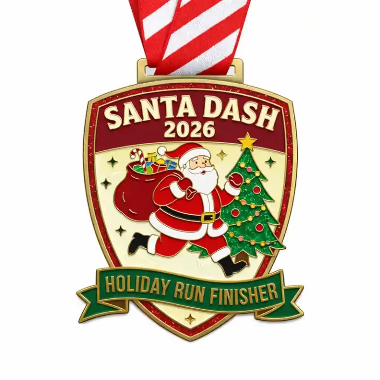 Medalla en forma de escudo en la que aparece Papá Noel corriendo con una bolsa llena de regalos y un árbol de Navidad, con la inscripción "SANTA DASH 2026" y "HOLIDAY RUN FINISHER", junto con una cinta a rayas rojas y blancas.