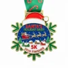 A snowflake-shaped medal featuring Santa Claus flying in his sleigh with reindeer over a snowy village, with the inscription "SANTA'S HOLIDAY DASH 5K" and "2026 FINISHER" at the bottom, along with a green ribbon decorated with candy canes.