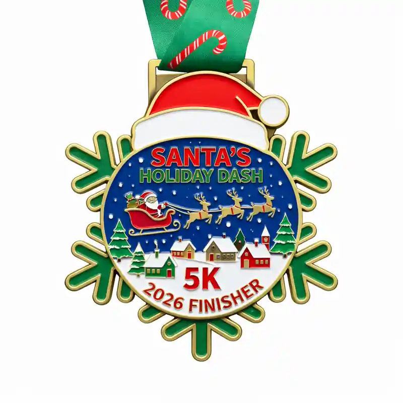 A snowflake-shaped medal featuring Santa Claus flying in his sleigh with reindeer over a snowy village, with the inscription "SANTA'S HOLIDAY DASH 5K" and "2026 FINISHER" at the bottom, along with a green ribbon decorated with candy canes.